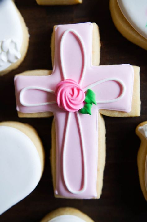 Christening Cookies, Cross Cookies, Baptism Cookies, Easter Sugar Cookies, Spring Cookies, Sugar Cookie Designs, Pretty Cookies, Fancy Cookies, Cookie Frosting