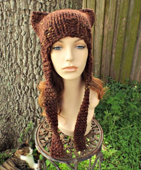 Chunky Knit Hat, Hat with Ears, Womens Hat, Mens Hat, Winter Hat, Earflap Hat, Cat Hat, Knit Beanie, Fall Fashion, Sequoia Brown Hat With Ears, Fall Fashion Accessories, Earflap Hat, Chunky Knit Hat, Mens Hat, Pixie Hat, Womens Hat, Winter Hats For Men, Brown Hats