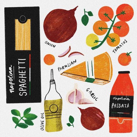 Philippa Coules on Instagram: "Can you guess the recipe? 🍅 🍝 #foodillustration #editorialillustration #illustrator #colour #drawing #fooddrawing #basil #italian #foodie #foodiegram" Recipe Zine, Italian Food Illustration, Cutesy Drawings, Ingredient Illustration, Spaghetti Illustration, Drawing Recipes, Recipes Drawing, Italian Drawings, Italian Illustration