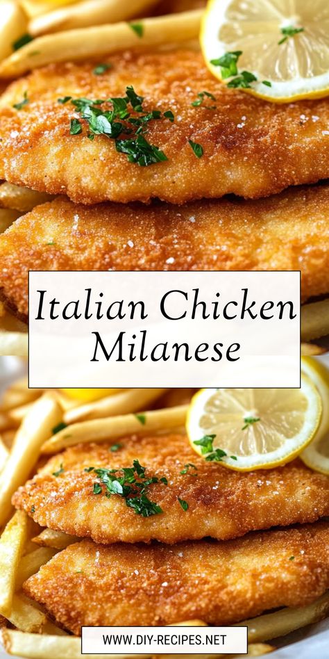 Savor the flavors of Italy with this Chicken Milanese recipe! Crispy breaded chicken, perfectly fried and served with fresh lemon. Chicken Milanese Pasta, Crispy Chicken Breading, Chicken Milanese Sauce, Veal Milanese Recipe, Breaded Lemon Chicken Recipe, Italian Breaded Chicken Recipes, Crispy Chicken Milanese, European Chicken Recipes, Baked Chicken Milanese Recipe