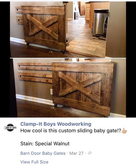 Barn door baby gate Sliding Baby Gate, Diy Dog Gate, Barn Door Baby Gate, Diy Baby Gate, Pet Gates, Dog House Diy, Baby Gate, Baby Gates, Double Barn Doors