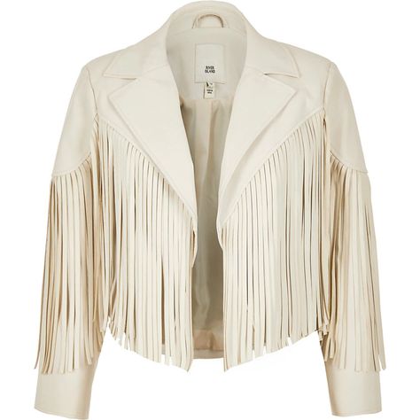 Stone faux leather fringe cropped blazer | River Island White Fringe Leather Jacket, Fringed Jacket, Carnival Halloween, Estilo Country, Cropped Blazer Jacket, Fringe Leather Jacket, Ladies Blazer, Suede Fringe Jacket, Women's Blazers