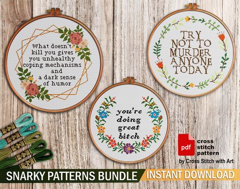 Snarky cross stitch pattern bundle. Etsy, Instant download, PDF. Sarcastic quote embroidery #etsy #birthday #mothersday #crossstitch Snarky Cross Stitch, Subversive Cross Stitch Patterns, Funny Cross Stitch, Funny Cross Stitch Patterns, Subversive Cross Stitch, Cross Stitch Funny, Simple Cross Stitch, Modern Cross Stitch Patterns, Hand Embroidery Design