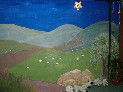 images Christmas shepherds in field | The hillside backdrop showing where the angel met the shepherds Nativity Backdrop Diy, Shepherds In The Field Bethlehem, Nativity Background, Christmas Shepherds, Nativity Backdrop, Childrens Ministry Christmas, Live Nativity, Christmas Stage Design, Nativity Play