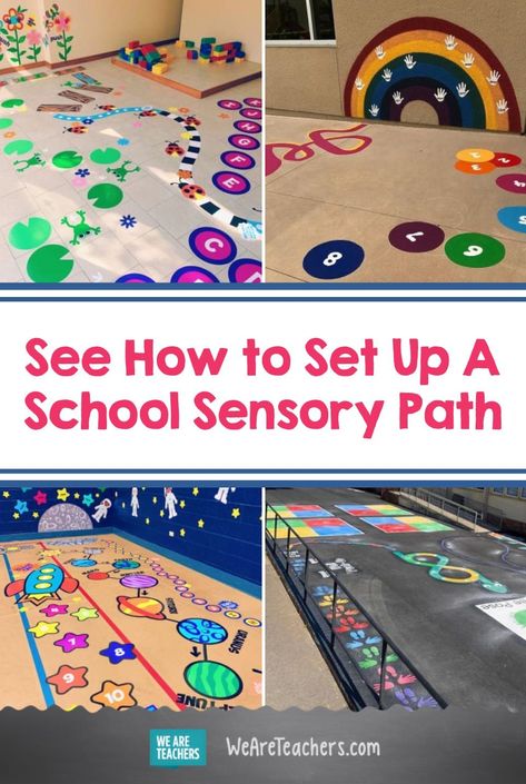 Everything You Need to Know About Setting Up A School Sensory Path. Add a sensory path to your playground or hallway to give kids a place to take a brain break and work out the wiggles. Regulation Room Ideas, Floor Sensory Path, Preschool Floor Activities, Sensory Walks In School, Sensory Activities Classroom, Hallway Activities For Preschool, Sensory Classroom Activities, Cricut Sensory Path, Sensory Room Classroom