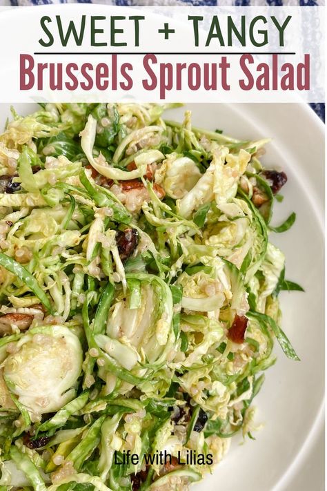 15 minutes · Vegetarian Gluten free · Serves 6-8 · The BEST Brussels Sprouts salad recipe, especially if you don't think you like them! Start making this healthy vegetable a part of your regular menu - I love to make this as part of a delicious and… More Brussel Sprout Salad Shredded, Brussels Sprouts Salad Recipe, Veggies Most, Best Brussels Sprouts, Brussel Sprout Salad Recipes, Sprouting Quinoa, Brussels Sprouts Salad, Sprout Salad, 2b Mindset