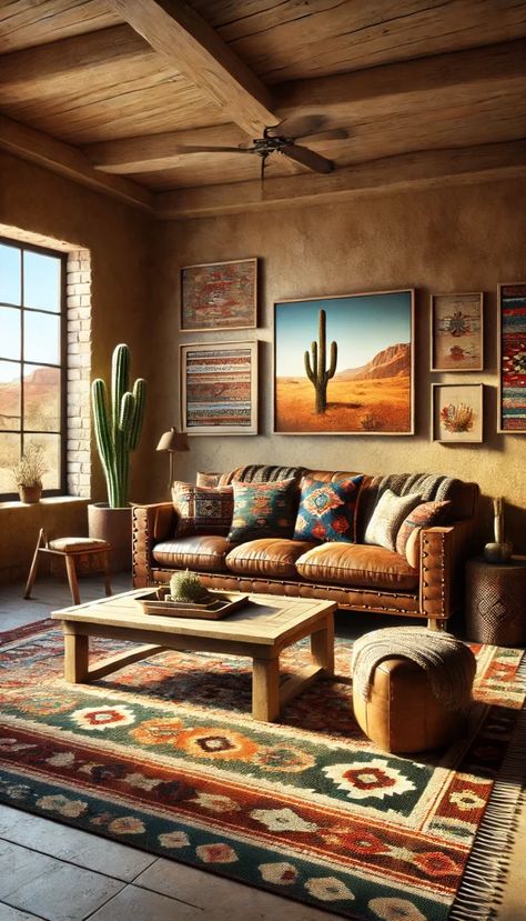 Discover 17+ gorgeous southwest decor ideas 🌵✨ to give your home that cozy desert vibe! From rustic kitchens to vibrant living rooms, find your inspiration here! Western Desert Aesthetic Home, Modern Southwestern Interior Design, Southwest Decor Ideas, Desert Style Living Room, Southwest Interior Design Living Room, South Western Interior Design, Southwest Living Room Decor, Southwestern Decorating Living Room, Santa Fe Home Decor