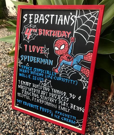 Spider Man Birthday Sign, Spiderman Birthday Sign, Spiderman Chalkboard, Birthday Chalkboard Art, Chalkboard Sayings, Birthday Canvas, Spider Theme, Birthday Boards, Draw Cartoons