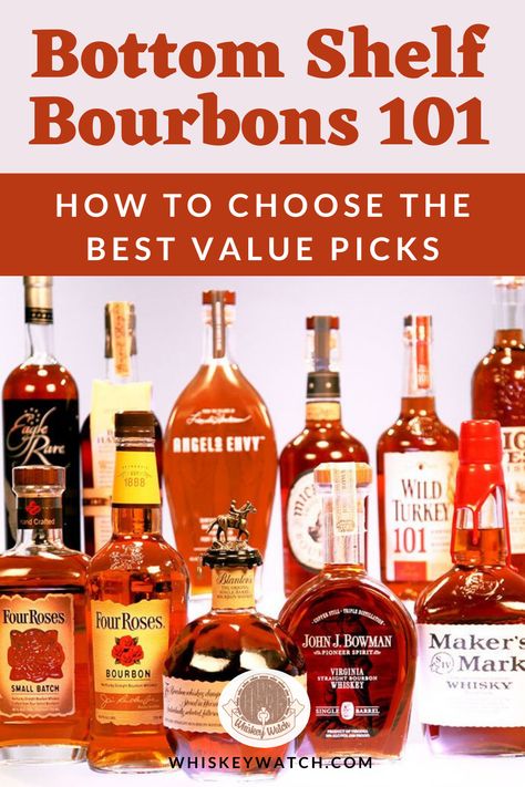 In every household there is the expensive liqueur made just for special occasions and the more affordable one that is made for occasional drinking with friends, big gatherings and so on. You may have already tried some of the bottom shelfed bourbons, and if you are still searching for new flavors, here are my favorites that are a great value for the buck!  #whiskeywatch #bourbon #bottomshelfbourbon #bestbourbontotry #bourbonbottle #fourroses #wildturkey #makersmark #whiskey #bestbourbontotry Bourbon Accessories, Types Of Bourbon, Best Bourbon Brands, Bourbon Whiskey Brands, Drinking With Friends, Best Bourbon Whiskey, Bourbon Brands, Bar Setup, Whiskey Brands