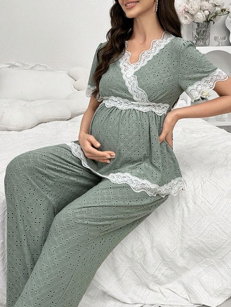 Green  Collar   Plain Pant Sets Embellished Slight Stretch Summer Women Sleep & Lounge Maternity Pajama Set, Maternity Sleepwear, Maternity Pajamas, Plain Pants, Womens Wide Leg Pants, Pleated Long Skirt, Lace Decor, Pant Sets, Womens Pyjama Sets