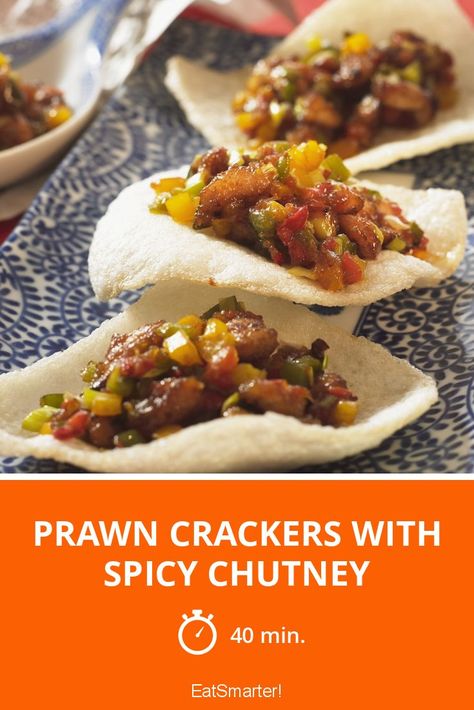 Prawn Crackers with Spicy Chutney - simple dish - So healthy is the recipe: 7.9/10 | A recipe idea by EAT SMARTER | Shrimp, Nibbles, Cooking on vacation, Asian, Chinese #dips #healthyrecipes Asian Starters, Spicy Chutney Recipe, Prawns Appetizers, Prawn Crackers, Spicy Chutney, Small Eggplant, Chutney Recipe, Red Chili Peppers, Chutney Recipes