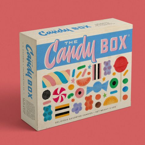 THE CANDY BOX Candies packaging design Lettering and art direction : Nicolò Giacomin Illustrations :  Lucia Calfapietra ----- Nicolò Giacomin — Typography and lettering Graphic Design Box Packaging, Retro Product Packaging, Retro Box Design, Cool Box Packaging, Retro Design Packaging, Retro Candy Packaging, Graphic Packaging Design, Sweets Graphic Design, Vintage Box Design