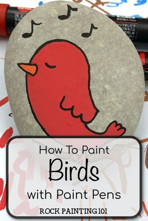 Learn how to paint a simple bird with this step-by-step rock painting tutorial. These bird painted rocks use paint pens and are perfect for beginners. Give them as gifts, hide them around your town, or decorate your home. This stone painting idea can be used lots of different ways! #bird #paintedrock #rockpainting101 Bird Painted Rocks Ideas, Rock Painting Birds Easy, Rock Painting With Paint Pens, Simple Painted Rocks Ideas, Painted Birds On Rocks, Happy Paintings Easy, Bird Rock Painting Ideas, Rock Painting Step By Step, Rock Painting Ideas Easy Step By Step