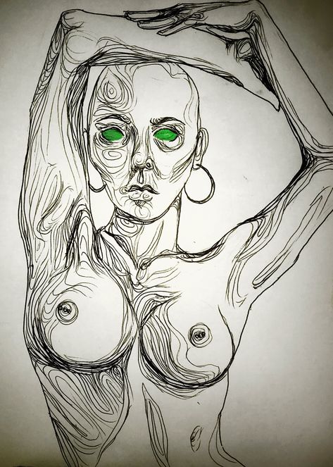 Cool Self Portrait Ideas Drawing, Surrealism Doodles, Easy Woman Drawing, Reincarnation Drawing, Envy Drawing, Spooky Art Drawing, Funky Drawing Ideas, Simple Drawings Aesthetic, Weird Art Sketches