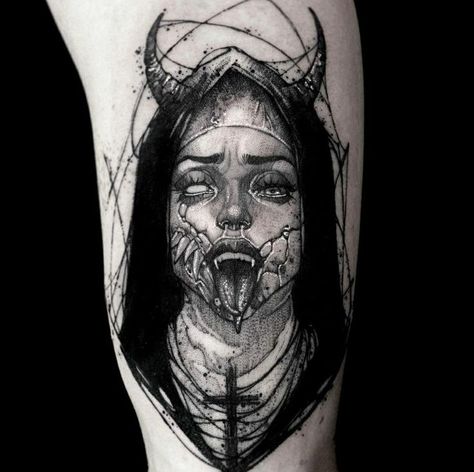 Satanic Tattoos, Scene Tattoo, Neotraditional Tattoo, Surreal Tattoo, Girl Face Tattoo, Evil Tattoos, Saved Tattoo, Scary Tattoos, Religious Tattoos