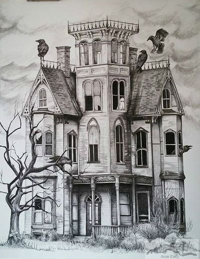 Drawings Of Haunted Houses, Spooky Mansion Drawing, Monster House Drawing, Haunted House Drawing Ideas, Gothic House Drawing, Scary House Drawing, Haunted House Drawings, Haunted House Sketch, Spooky House Drawing