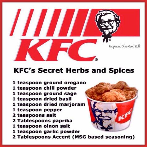 KFC spices Kfc Secret Recipe, Kfc Fried Chicken Recipe, Kfc Original Recipe, Fried Chicken Seasoning, Chicken Seasoning Recipes, Kfc Chicken Recipe, Kfc Recipe, Clam Recipes, Homemade Spices