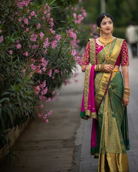 Green Sarees For Engagement, Saree With Dupatta, Bridegroom Outfits, Saree Drape, Bridal Sarees South Indian, Saree Draping Styles, Latest Blouse Designs Pattern, Saree Draping, Indian Bride Outfits