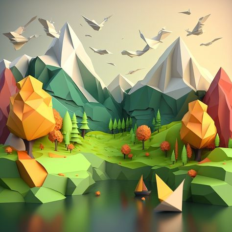 Origami Landscape, Origami Wallpaper, 3d Mountain, Acrylic Art Projects, Paper Cutout Art, Polygon Art, Quality Street, Exhibition Booth Design, Cool Gifts For Kids