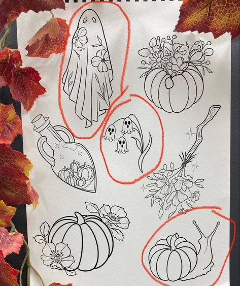 Halloween Botanical Tattoo, Halloween Linework Tattoo, Cute Fall Tattoos Ideas, Line Work Halloween Tattoo, Pumpkin With Vines Tattoo, Cute Autumn Tattoos, Fall Themed Tattoos Sleeve, Fall Tattoo Flash Sheet, Spooky Season Tattoo Flash