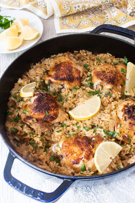 One Pot Greek Chicken and Lemon Rice | For the Love of Cooking Chicken And Rice Aesthetic, Lemon Rice Pilaf, Rice Aesthetic, Aesthetic Greek, Chicken Lemon, Thyme Chicken, Lemon Rice, Recipe Tin, Tailgating Recipes