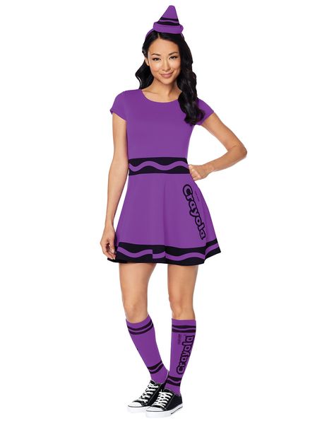 Take on Halloween night in positively purple style with this Adult Vivid Violet Crayon Dress Costume! This officially licensed costume, which includes a Crayola-branded violet dress, a Crayola crayon headband, and matching violet socks, has everything you need to make your mark on Halloween night. Officially licensed Includes: Dress Headband Socks Material: Polyester, spandex, cotton Care: Hand wash cold Imported Purple Crayon Costume, Crayon Headband, Crayon Dress, Crayon Costume, Halloween Spirit Store, Home Halloween Costumes, Violet Dress, Purple Style, Violet Dresses