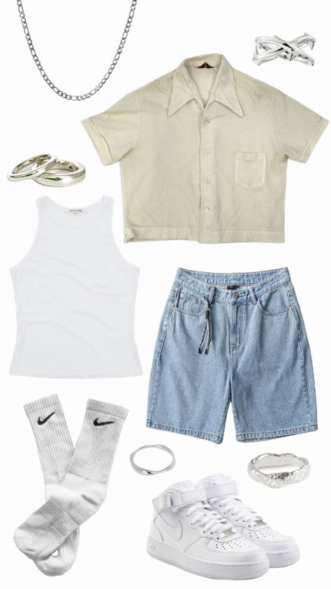 masc summer outfit Beachy Outfits Aesthetic Men, Summer Gender Neutral Outfits, Masculine Women Fashion Summer, Costal Boy Outfits, Summer Masc Lesbian Outfits, Soft Masc Outfits For Women Summer, Soft Masc Summer Outfits, Summer Masc Fits, Masc Beach Outfits