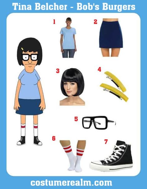 Tina Costume, Tina Bobs Burgers Costume, Tina Belcher Costume, Bobs Burgers Costume, Mother Daughter Halloween Costumes, Halloween Inspired Outfits, Burger Costume, Short Black Wigs, Striped Tube Socks