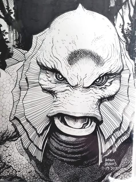 Creature From The Black Lagoon Character Design, Creature From The Black Lagoon Drawing, Creature From The Black Lagoon Art, Universal Monsters Tattoo, Arthur Adams Art, Black Lagoon Creature, Black Lagoon Monster, Black And White Monster, Creature Of The Black Lagoon