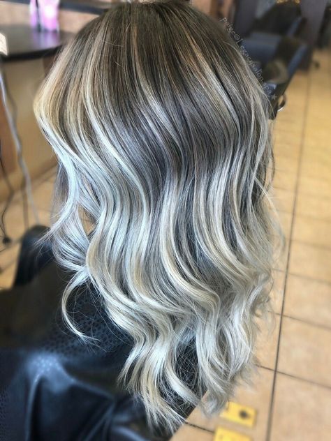 Balayage With Silver Highlights, Icey Blonde Balayage With Dark Roots, Icey Blonde Highlights On Dark Hair, Icy Ash Blonde Hair Balayage, Dark Roots Ash Blonde Hair Balayage, Reverse Balayage Blonde, Cool Blonde Balayage Dark Roots, Reverse Balayage Blonde To Brown, Brown Roots Blonde Hair