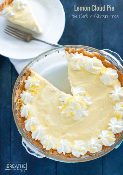 This intensely flavored low carb lemon cloud pie is keto and Atkins friendly - not to mention gluten free! Perfect for any party! #ibih #lowcarb #dessert #glutenfreedessert #glutenfree #lemondessert #lchf I Breathe Im Hungry, Im Hungry, Donuts Recipes, Lowcarb Recipes, Weight Watcher Desserts, Low Carb Backen, Desserts Keto, Postre Keto, Thm Desserts