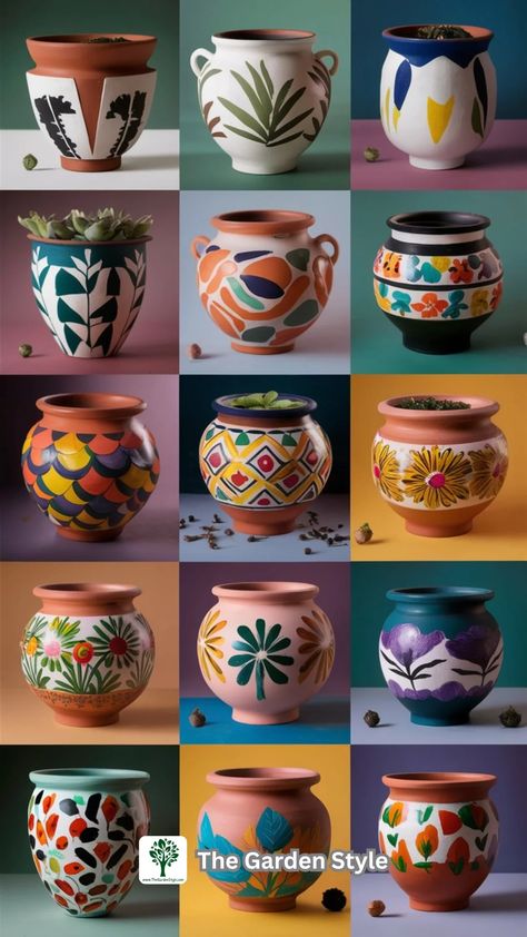 How to Paint Terracotta Pots: DIY Ideas and Inspirations - The Garden Style Painting Ideas On Pots Easy, Clay Pot Painting Ideas Creative, Pottery Pot Painting Ideas, Terracotta Clay Art, Pot Painting Ideas Creative Diy Crafts, Clay Pot Designs Paint, Flower Pot Designs Painted, Pot Painting Ideas Aesthetic, Paint Terracotta Pots Diy