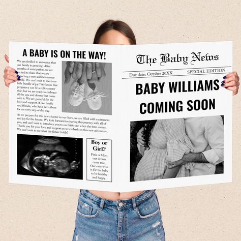 First Pregnancy Announcements, Pregnancy Announcement Photos, Baby News, Pregnancy Announcement Cards, Announcement Ideas, Family Look, Pregnancy Announcements, Vintage Newspaper, Newspaper Design