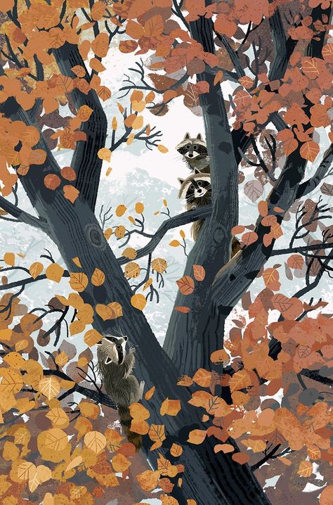 Halloween Art Illustrations, Autumn Aesthetic Illustration, Kim Smith Illustration, Autumn Illustration Wallpaper, Autumn Aesthetic Drawing, Animals In Trees, Autumn Illustration Art, Autumn Aesthetic Art, Fall Illustration Art