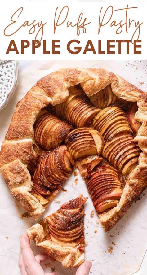 You can make this gorgeous apple galette with puff pastry with only 8 basic ingredients and about 45 minutes (plus cooling time). This will satisfy any apple pie craving with a lot less work! This apple galette has the perfect crispy crust (no soggy bottoms here!). Galette With Puff Pastry, Puff Pastry Galette, Apple Puff Pastry, Apple Galette, Easy Puff Pastry, Galette Recipe, Fall Recipe, Puff Pastry Sheets, Fruit Dessert