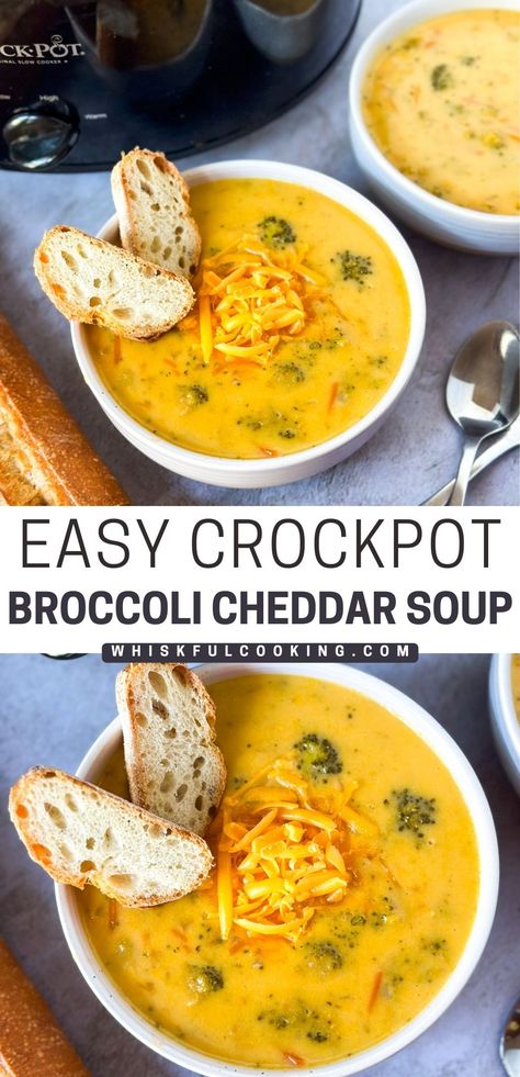 2 bowls of broccoli cheddar soup with extra cheese on top and 2 slices of bread on the side. Broccoli Chedder Crockpot Soup, Brocolli Cheddar Soup Recipes Crockpot Easy, Panera Bread Broccoli Cheese Soup Crockpot, Brocolli Soup Crock Pot, Slow Cooker Broccoli Cheddar Soup, Easy Crockpot Broccoli Cheese Soup, Crockpot Cheddar Broccoli Soup, Cheddar Broccoli Soup Crockpot, Broccoli Cheddar Soup Crock Pot