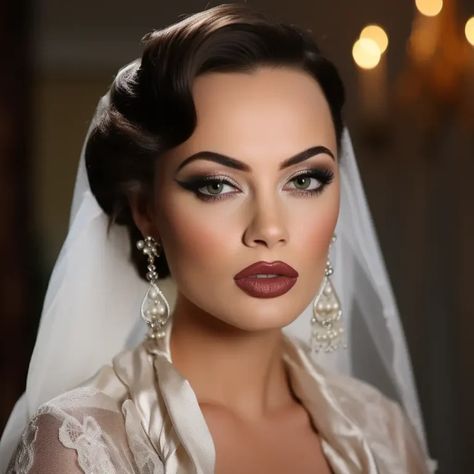 Wedding Makeup Ideas Makeup For Black Wedding Dress, October Wedding Makeup Brides, Vintage Glam Wedding Makeup, High Glam Wedding Makeup, Makeup Ideas Wedding Bride, Goblin Wedding, Old Hollywood Makeup Look, Bold Bridal Makeup, Fall Wedding Makeup For Bride