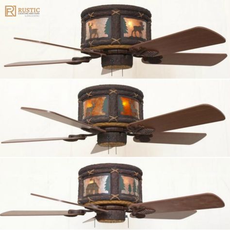 Custom Nature Scene Ceiling Hugger Fan for Cabin or Lodge. #naturefan #rusticfan #ceilingfan Lodge Ceiling Fan, Log Cabin Ceiling Fan, Rustic Ceiling Fans, White Window Boxes, Wood Window Boxes, Log Home Kitchen, Mountain House Decor, Red Cabin, Rustic Ceiling Fan