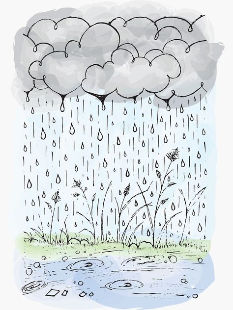 "Rainy Day" Sticker by Chairfullymade | Redbubble Rainy Day Doodle Art, Cartoon Rainy Day, Rainy Days Drawing, Rainy Day Journal Ideas, Rainy Weather Drawing, Rainy Day Aesthetic Drawing, Rainy Drawing Easy, Rainy Day Doodles, Raining Day Drawing