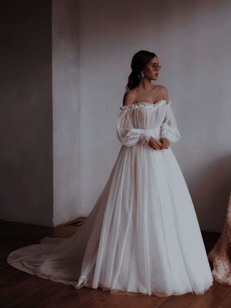 Long Off Shoulder Wedding Dress, Wedding Dresses Aesthetic Simple, Appalachian Wedding Dress, Boom Blush Wedding Dress, Wedding Dresses With Sleeves Off Shoulder, Brandy Cinderella Wedding Dress, Flowy Wedding Dress Whimsical Sleeves, Simple Wedding Dress For Outdoor Wedding, Flowing Sleeves Wedding Dress