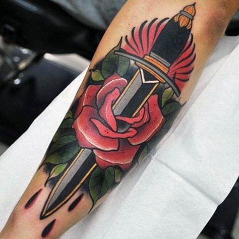 Dagger Piercing Rose Neo Traditional Tattoo Male Forearms Traditional Dagger Tattoo, Tattoo Male, Traditional Dagger, Be Brave Tattoo, Maori Tattoos, Dagger Tattoo, Traditional Tattoo Design, Tattoo Project, 1 Tattoo