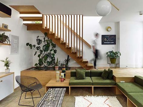 Sunken Living Rooms Are Having a Moment Multigenerational Compound, Perforated Brick Facade, Multigenerational House, Multigenerational Living, Venice Architecture, Open Stairs, Built In Sofa, Stairs In Living Room, Sunken Living Room