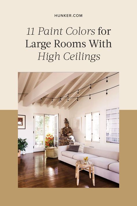 Here is How to Choose Paint Colors for a Large Room With a Vaulted Ceiling. #hunkerhome #paintcolorideas #tallceiling #vaultedceiling #vaultedceilingideas Formal Living Room Alternative, Rooms With Vaulted Ceilings, Ceiling Ideas Living Room, Vaulted Ceiling Beams, Cathedral Ceiling Living Room, Vaulted Ceiling Bedroom, Rooms With High Ceilings, Vaulted Ceiling Ideas, Family Room Paint Colors