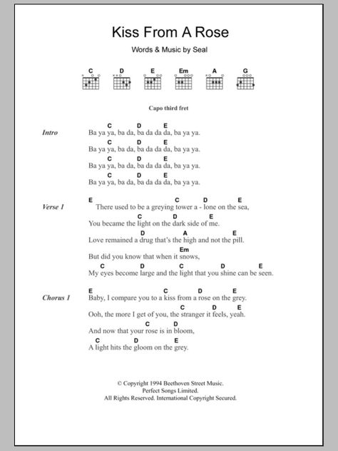 Kiss From A Rose by Seal - Guitar Chords/Lyrics - Guitar Instructor Acoustic Guitar Chords And Lyrics, Easy Acoustic Guitar Songs For Beginners, Kiss From A Rose, Acoustic Guitar Chords, Learn Guitar Chords, Basic Guitar Lessons, Easy Guitar Songs, Guitar Tabs Songs, Great Song Lyrics