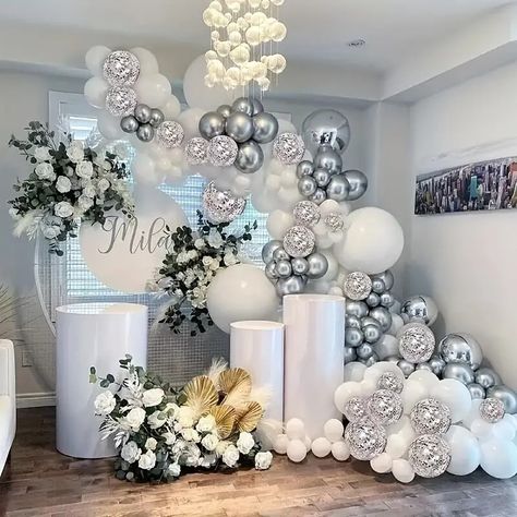 White Silvery Confetti Latex Balloon Arch Garland Baby - Temu Silver Balloon Garland, Confetti Balloon Gender Reveal, 25th Wedding Anniversary Party, Scroll Wedding Invitations, White Party Decorations, Anniversary Decoration, Decoration Birthday Party, Glitter Balloons, White Confetti