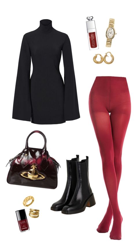 Winter fashion (burgundy tights, black mini dress, Vivienne Westwood bag, golden jewellery, watch) Burgundy Tights Outfit, Vivienne Westwood Bag, Burgundy Tights, Golden Jewellery, Burgundy Bag, Christmas Fits, Alt Girl, Black Mini Dress, Tights Outfit