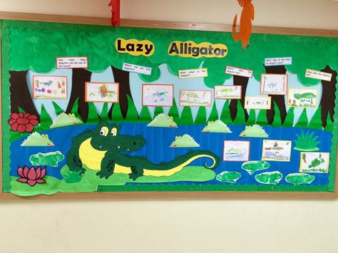 Alligator theme Crocodile Bulletin Board Ideas, Alligator Classroom Theme, Swamp Theme Classroom, Alligator Bulletin Board Ideas, Classroom Jungle Theme, Classroom Art Display, Rainforest Classroom, Creative Bulletin Boards, Pbl Projects