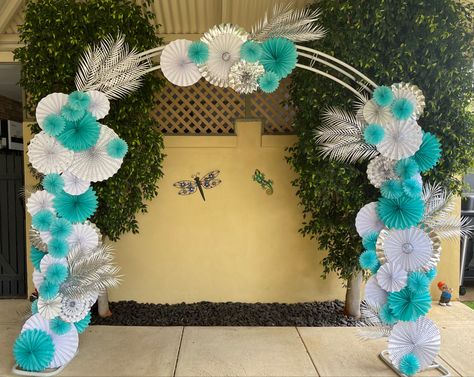 Paper Fan Arch, Peacock Birthday Party, Peacock Birthday, 21 Dinner, Turquoise Party, 18th Birthday Decorations, Teal And Silver, Paper Fan, Silver Party