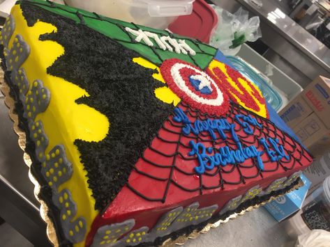 Marvel Sheet Cake, Marvel Sheet Cake Ideas, Number 4 Superhero Cake, Super Hero Sheet Cake, Avengers Sheet Cake, Superhero Sheet Cake, Superhero Sheet Cake Ideas, Spider Man Rectangular Cake, Superhero Birthday Cake Buttercream