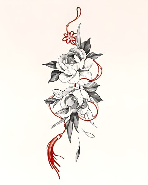 Japanese Flower Tattoo, Flower Tattoo Drawings, Kawaii Tattoo, Red Ink Tattoos, Floral Tattoo Design, Line Art Tattoos, Japanese Tattoo Art, Girly Tattoos, Spine Tattoos